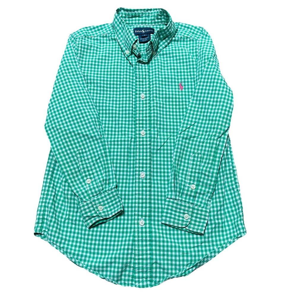 Ralph Lauren Boys Long Sleeve Shirt Size 7 Gingham Pony Logo 100% Cotton Green